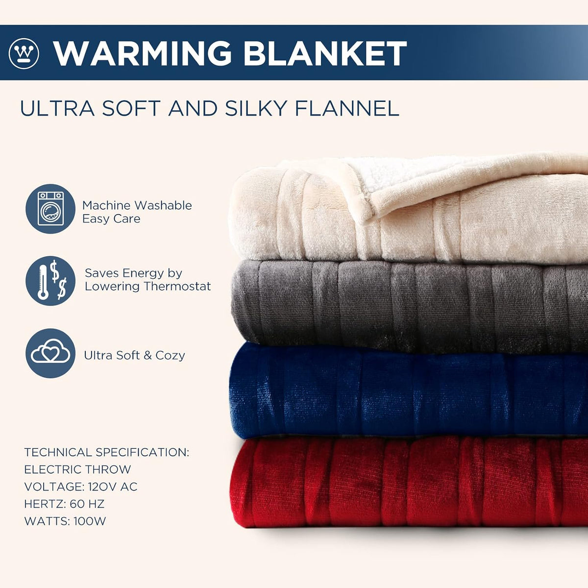 Westinghouse Heated Throw Blanket, 50"x60", Charcoal, ETL Certified