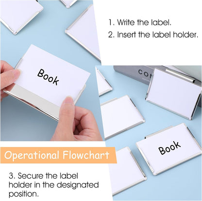 10 Pack Metal Basket Bin Labels Clips,3.54" x 2.36" Stainless Steel Label Holders with White Papers,Silver Removable Bin Clips for Labeling, Classification