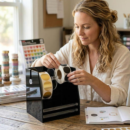 Sticker Dispenser Adjustable Label Roll Holder 2 Divider Disks | Holds 3 Rolls, Easy Assembly, Durable Acrylic, Fits Multiple Roll Sizes, Smooth Dispensing, Home, Office, Retail, Business
