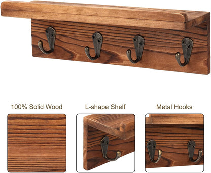 HRONRAD Rustic Key Holder for Wall, Farmhouse Wall Shelf with 4 Hooks, Wall Mounted Key Racks, Wooden Mail Organizer with Hooks for Entryway (Brown - Pine)