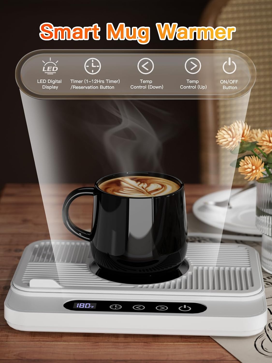 Misby Coffee Mug Warmer, 50W Large Heating Panel Mug Warmer with 6-Temp Settings, 8H Auto Shut-Off, 12H Timer, Ultra-Thin Design, Coffee Warmer for Desk, Ideal for Home, Office, and Travel (Black)
