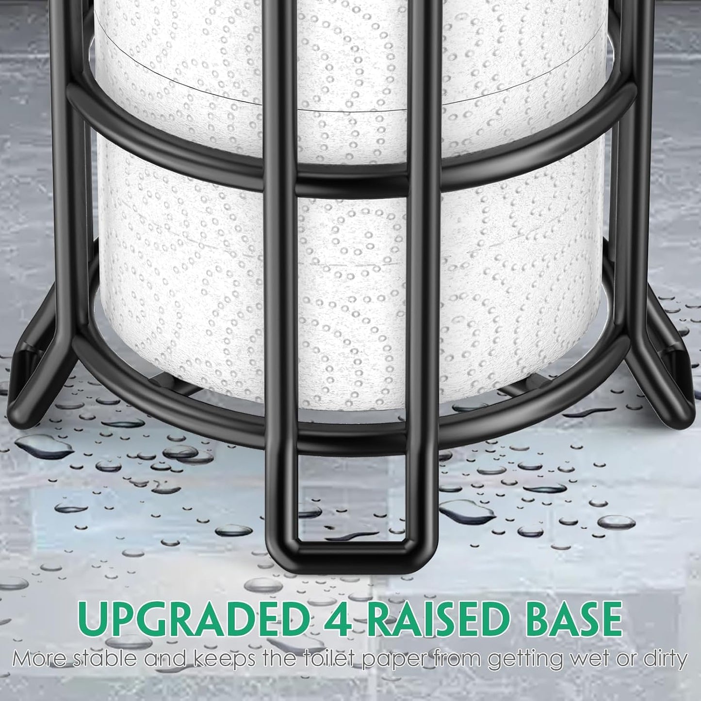 TomCare Toilet Paper Holder Free Standing with Shelf, Stable 4 Raised Feet | Stores 4 Mega Rolls, Tool-Free Assembly, Powder-Coated Metal Frame, Bathroom Storage Organizer for Spare Rolls, Silver