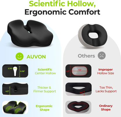 AUVON Ergonomic Donut Pillow Seat Cushion for Hemorrhoid & Back Pain Relief | Thick Memory Foam Chair Cushion with Firm Support for Tailbone, Sciatica, Pregnancy, Thigh Slope Design for Sitting Comfort