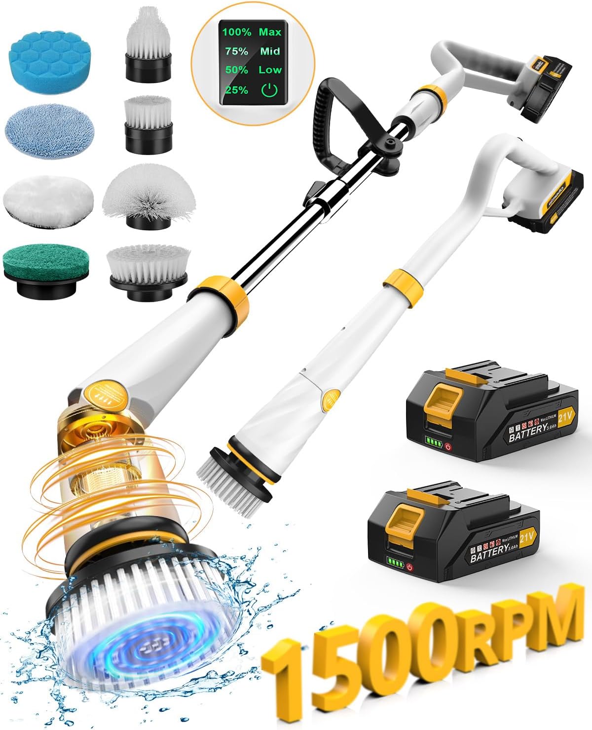 Qimedo 1500 RPM Electric Spin Scrubber with Two Batteries Q2 Pro, Cordless Battery Powered Shower Scrubber,Electric Tile Floor Scrubber with Display for Grout/Tile/Tub (Effortless Handle/8 Brushes)