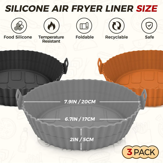 3 Pack Air Fryer Silicone Liners 8inch Air Fryer Silicone Pot Reusable Food Grade Silicone Airfryer Liners Baking Basket Accessories Replacement of Flammable Disposable Parchment Paper