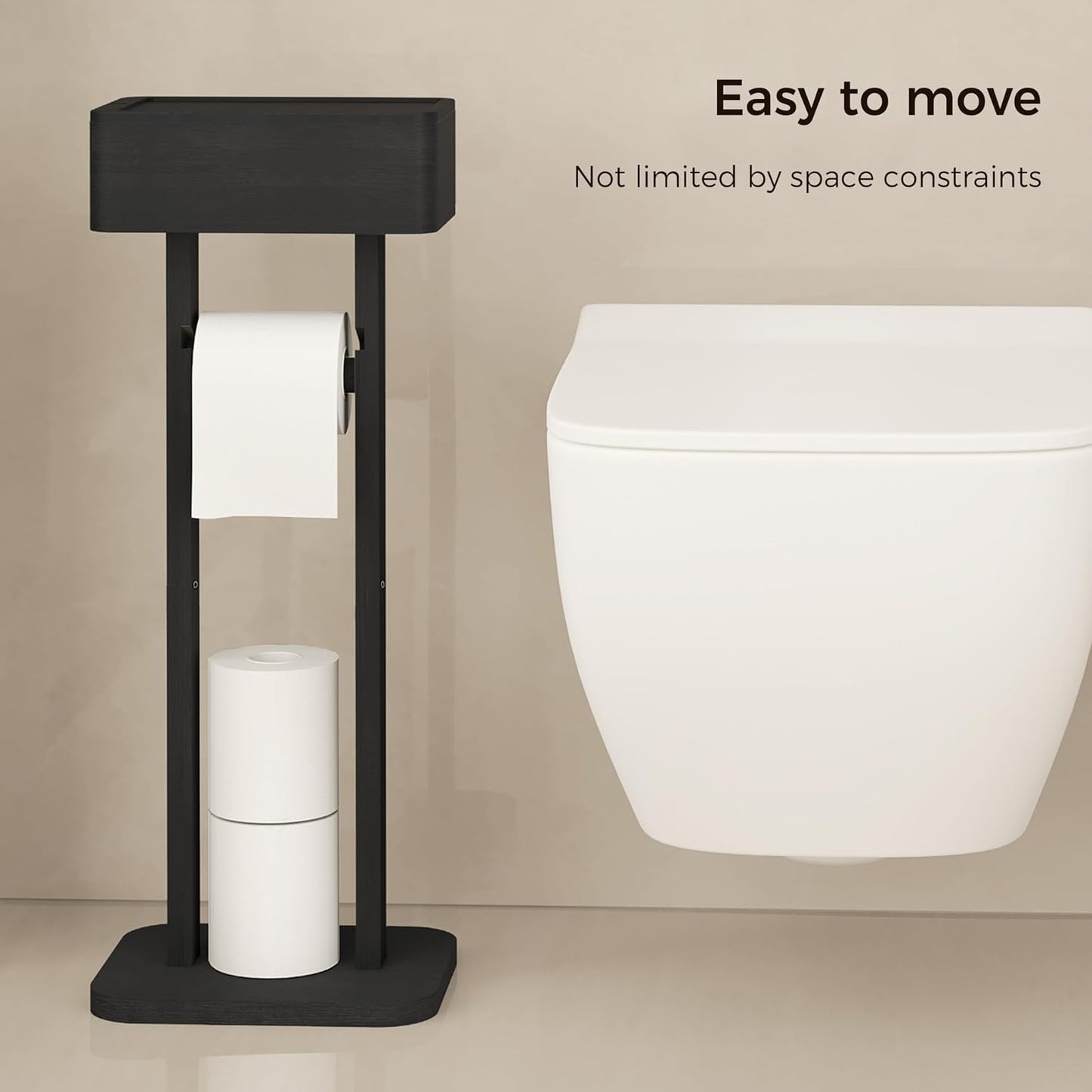 4-in-1 Black Toilet Paper Holder Stand with Storage Shelf Box, 360° Rotating Bamboo Free Standing Toilet Tissue Roll, Toilet Wipes Dispenser Organizer, Temporary Desktop for Bathroom (Patent) | 360° Rotating Bamboo Free Standing Toilet Tissue Roll,