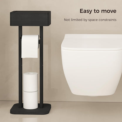 4-in-1 Black Toilet Paper Holder Stand with Storage Shelf Box, 360° Rotating Bamboo Free Standing Toilet Tissue Roll, Toilet Wipes Dispenser Organizer, Temporary Desktop for Bathroom (Patent) | 360° Rotating Bamboo Free Standing Toilet Tissue Roll,