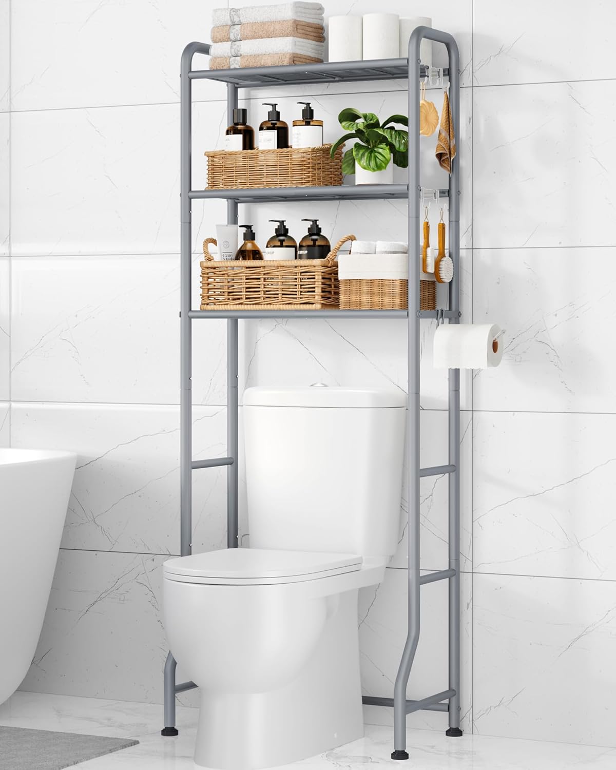 Kitsure Over Toilet Storage Rack, 63.2" H Space-Saving, Holder & Hooks | Bathroom, Laundry Room, Small Spaces, Families, Durable Metal, Black, 3 Tier