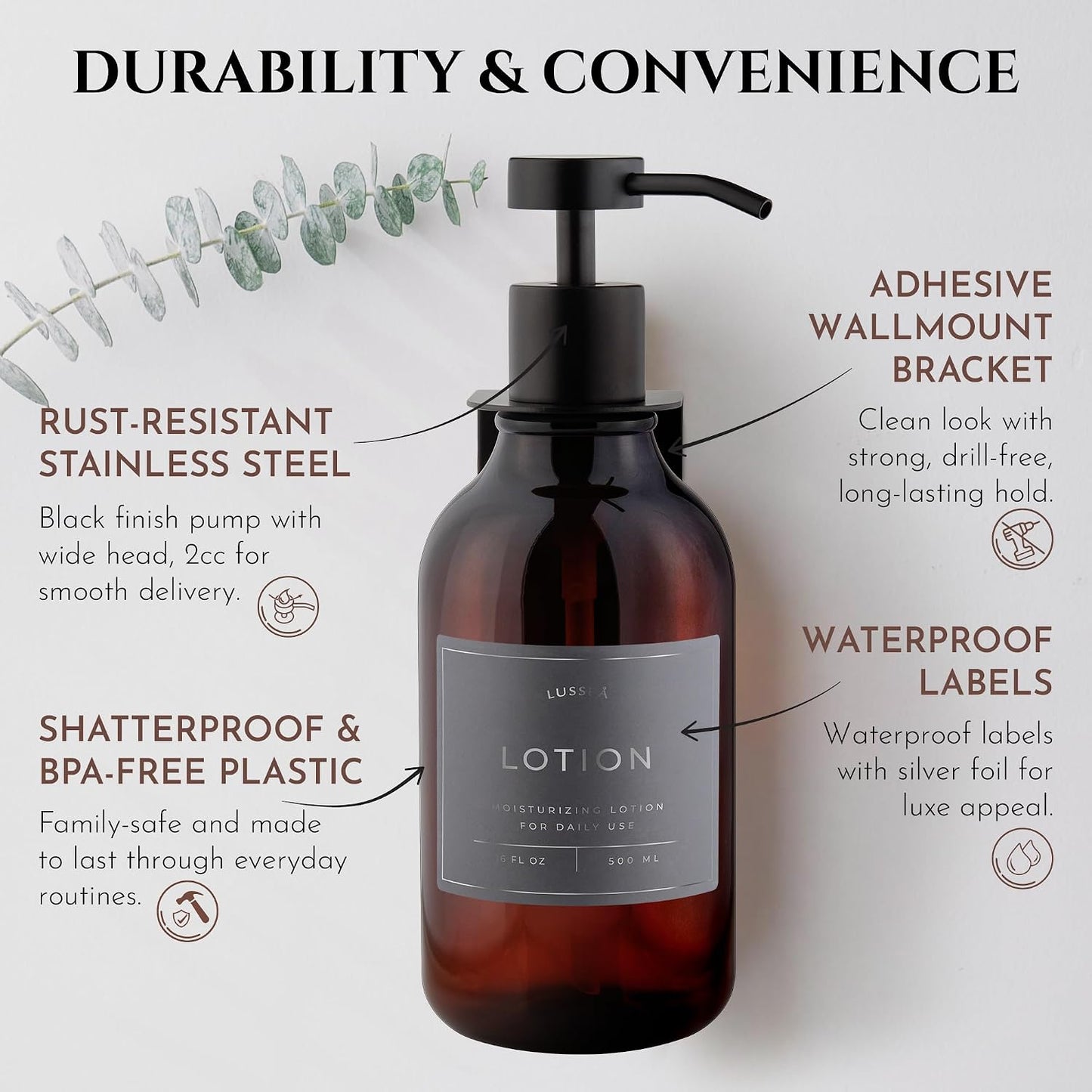 Shower Shampoo Dispenser Wall Mounted – 3 Refillable 16.9 oz Clear Bottles with Stainless Steel Pumps & No-Drill Adhesive Holders – Soap Dispenser Set for Bathroom (3 X Clear/Silver)