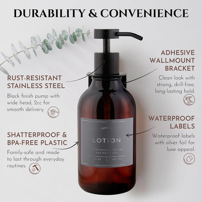 Shower Shampoo Dispenser Wall Mounted – 3 Refillable 16.9 oz Clear Bottles with Stainless Steel Pumps & No-Drill Adhesive Holders – Soap Dispenser Set for Bathroom (3 X Clear/Silver)