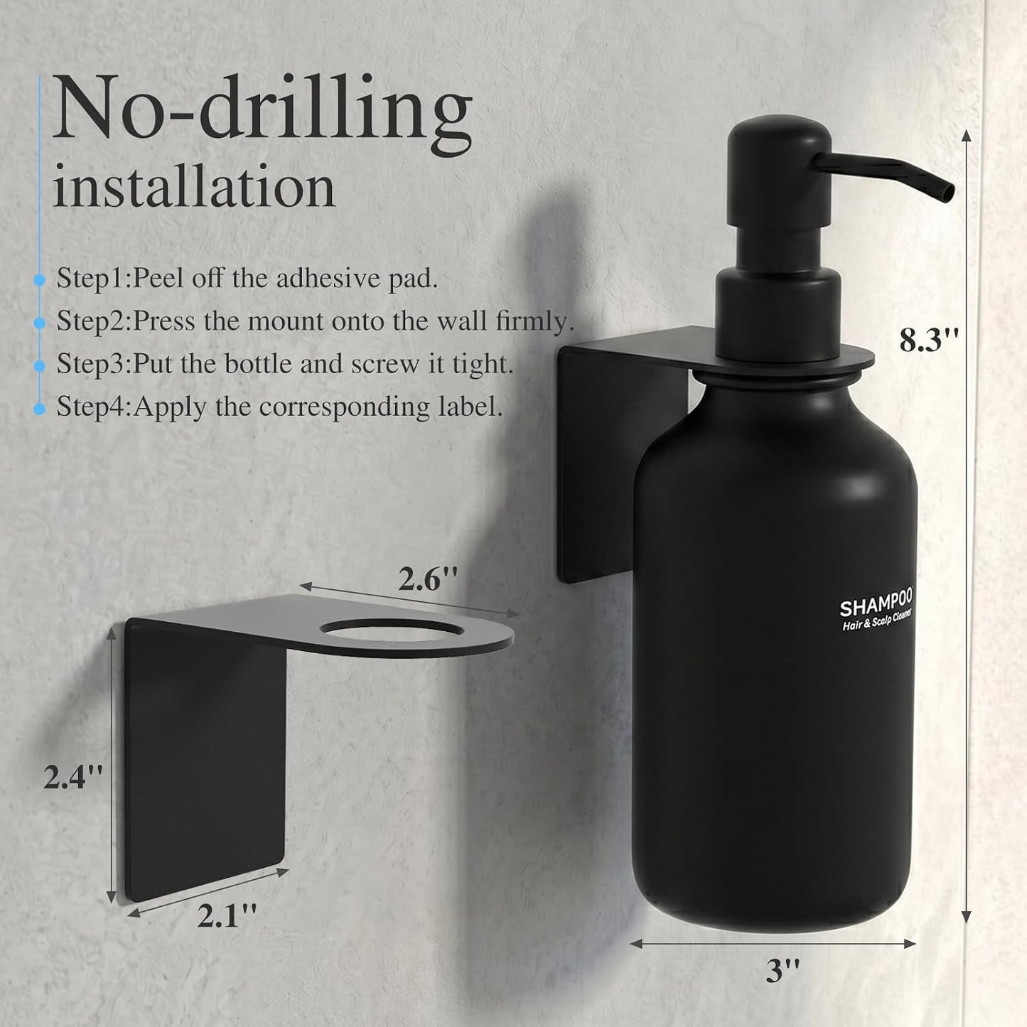 Shampoo and Conditioner Dispenser Wall Mounted Set of 3 - Shampoo Conditioner Body Wash Dispenser No Drill - White Shower Bottles Refillable with Labels and Stainless Steel Pumps 500ML/16.9oz
