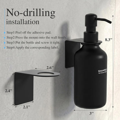 Shampoo and Conditioner Dispenser Wall Mounted Set of 3 - Shampoo Conditioner Body Wash Dispenser No Drill - White Shower Bottles Refillable with Labels and Stainless Steel Pumps 500ML/16.9oz