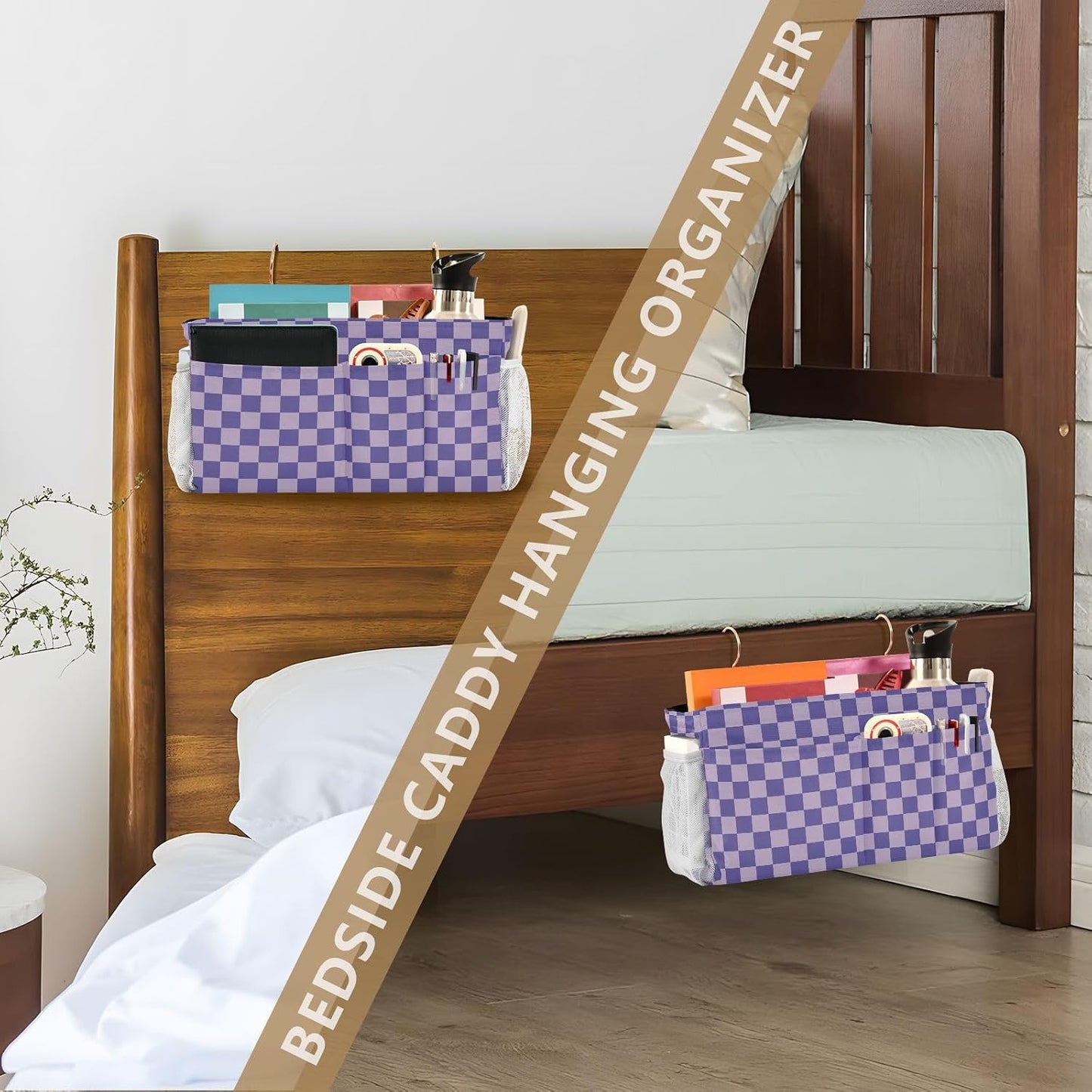 Black Bedside Caddy Storage Bag Bedside Organizer for Bed Rails College Dorm Room Organizer Caddy Hanging Shelf 6 Pockets with Hooks for Drinks Magazine Phone Holder