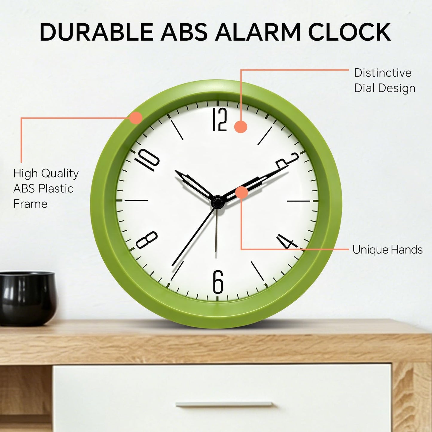 Silent Analog Loud Alarm Clock for Bedrooms, 4.5" Battery Operated Alarm Clock with Modern Round Design, Plastic Small Desk Clock for Heavy Sleepers Adults Teens Seniors College Dorms, Green