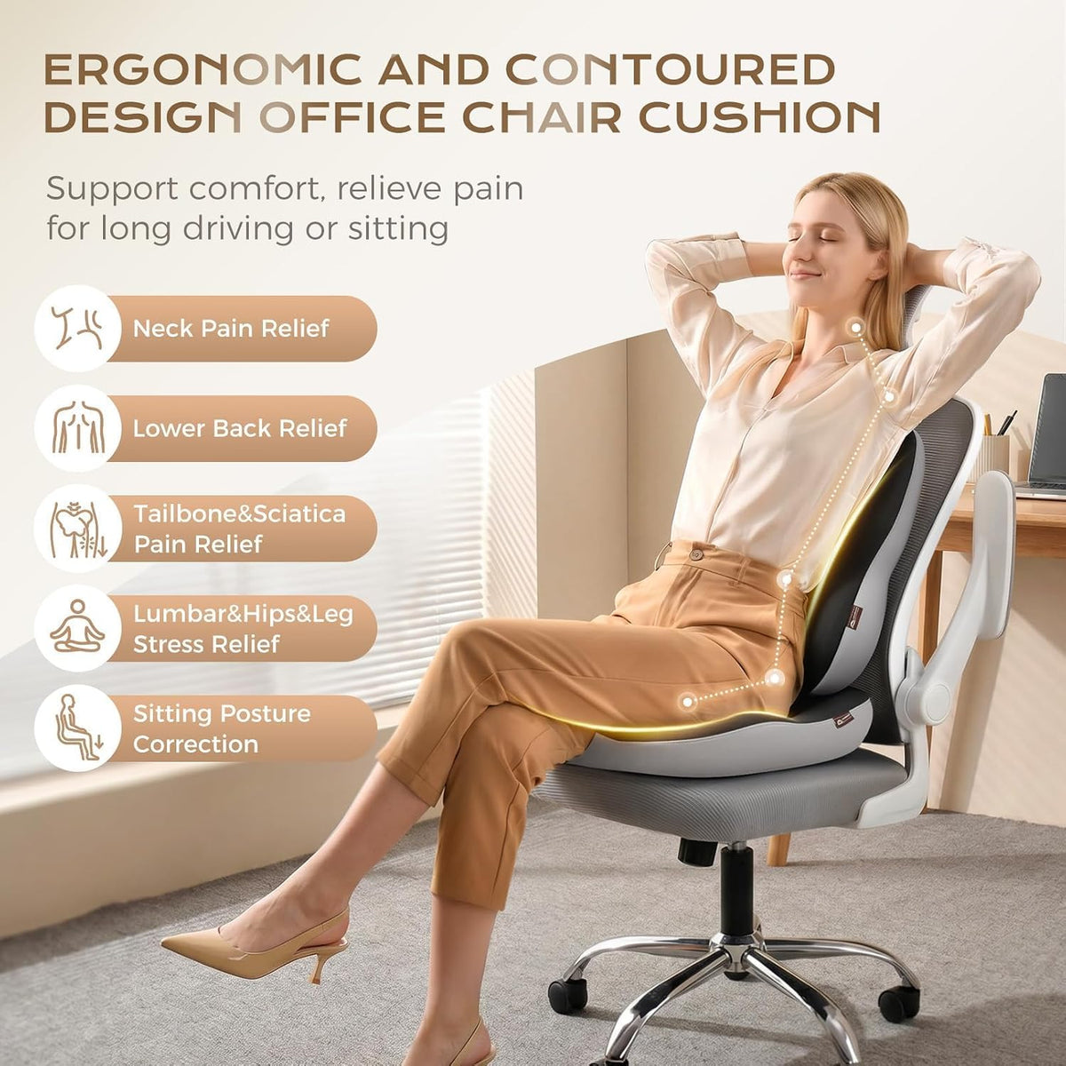 Coverado Lumbar Support Pillow and Seat Cushions for Office Chairs, Memory Foam Orthopedic Coccyx Cushion for Tailbone Pain Cushion Pillow & Back Pain Pressure Relief Seat Cushion Coffee&Beige