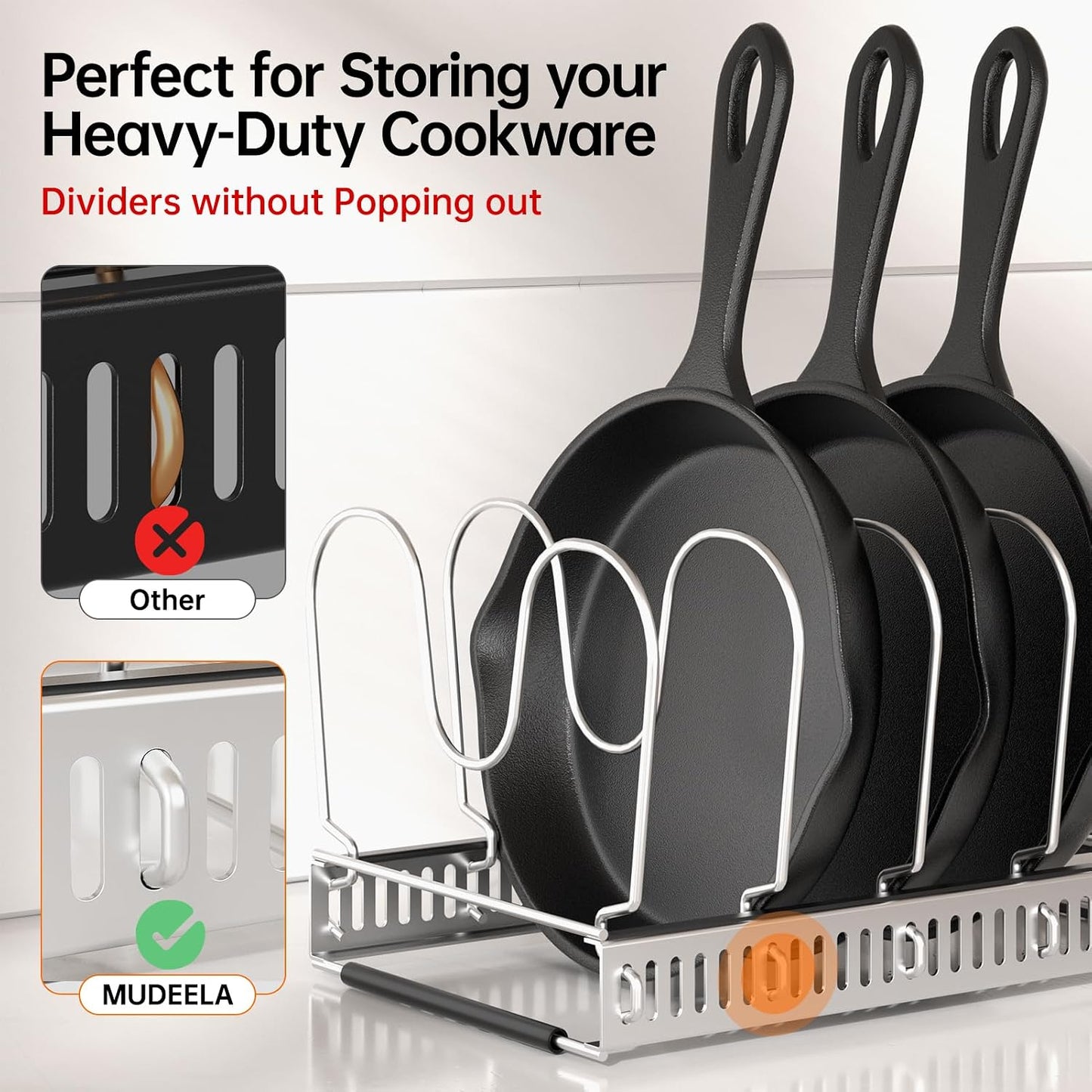 MUDEELA Expandable Pot Pan Lid Organizers inside Cabinet, 10 Divider-Black | Expandable 11.8–22.9", 10 Adjustable Divider, Tool-Free Assembly, Non-Slip, Scratch-Proof, For Pan Lid Cutting Board Bakeware