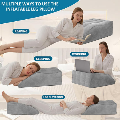 Portable Inflatable Wedge Leg Elevation Pillow - Foldable 45 Degree Wedge Leg Bolster Pillow Use in Bed, Adjustable Incline for Sleeping,Travel,Back Support,Reduce Swelling, Improve Circulation (Grey)