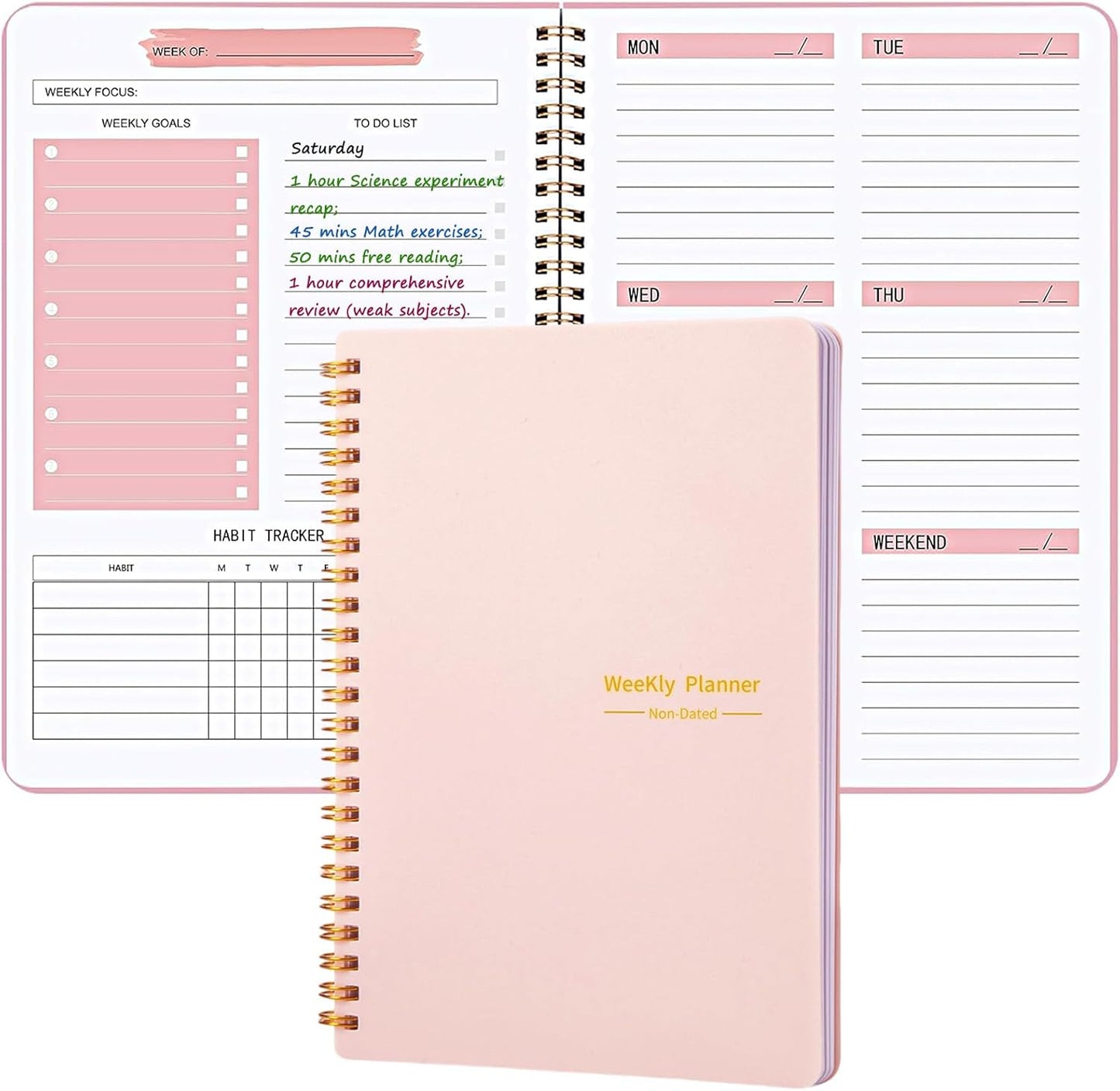 Undated Weekly Planner, A5 Personal Goals Journal Non Dated Weekly Planner to Do List Notebook with Goal Habit Tracker Organizer, Cute Undated Week Planners with Spiral Binding for Kids School Work