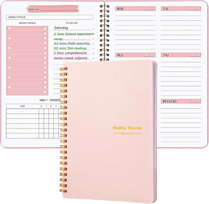 Undated Weekly Planner, A5 Personal Goals Journal Non Dated Weekly Planner to Do List Notebook with Goal Habit Tracker Organizer, Cute Undated Week Planners with Spiral Binding for Kids School Work