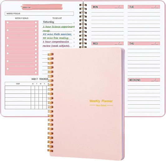 Undated Weekly Planner, A5 Personal Goals Journal Non Dated Weekly Planner to Do List Notebook with Goal Habit Tracker Organizer, Cute Undated Week Planners with Spiral Binding for Kids School Work