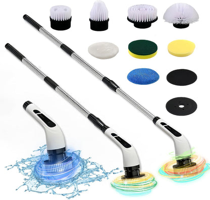 Electric Spin Scrubber- Ditch the Scrubbing! Long Handle Shower Scrubber with 9 Replaceable Heads - 2 Speed Cordless Brush Ensures Long Battery Life, Modern Design! (White)