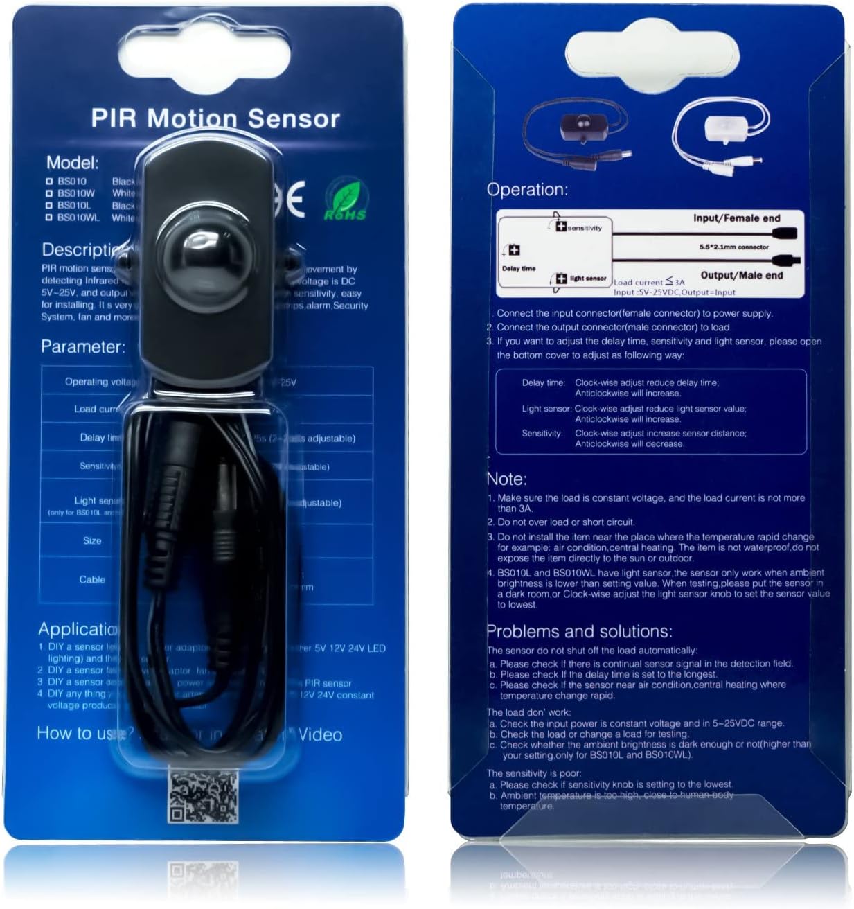Sensky BS010W Motion Sensor Light Switch - DC 12V to 30V PIR Motion Sensor with Adjustable Delay Time and Detection Distance - for LED Strip Lighting Systems and Indoor Security Detectors