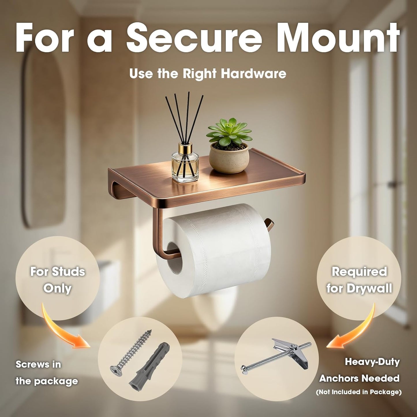 TRUSTMI Toilet Paper Holder with Phone Shelf, Zinc Alloy, Brushed Gold | Solid zinc alloy holder holds 15 lbs and fits jumbo rolls. Shelf stores phones and wipes for easy bathroom organization