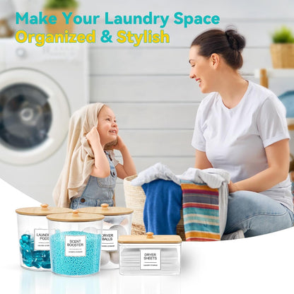 Laundry Pods Container & Dryer Sheet Holder, Laundry Room Organization and Storage Jars with Lids, Labels & Scoops for Powder Detergent Scent Booster, Black Lid