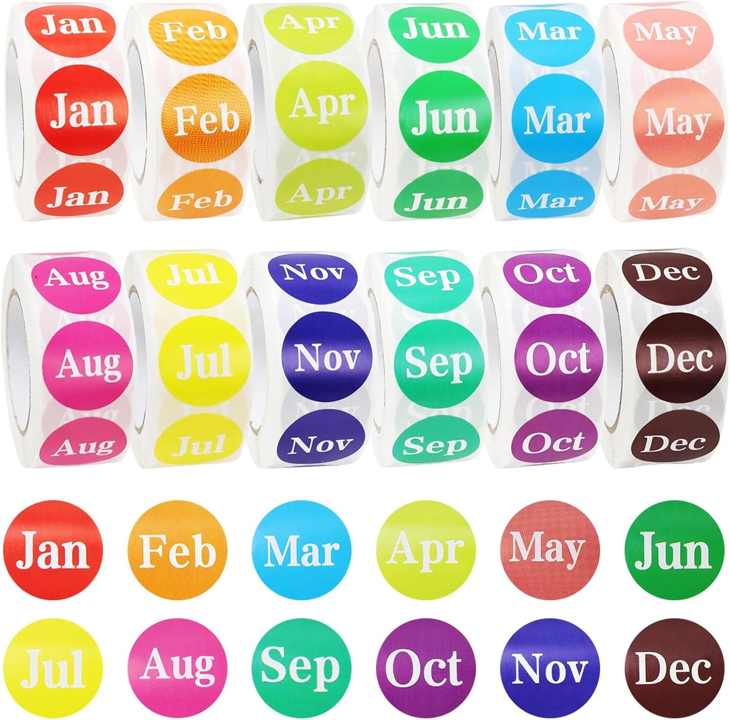 Decoendiy Month Labels Stickers, 12 Months of The Year Labels 1'' Color Coding Dot Self Monthly Adhesive Stickers 12 Rolls Round Dot Stickers- 500 Stickers per Day - 6000 Stickers Total