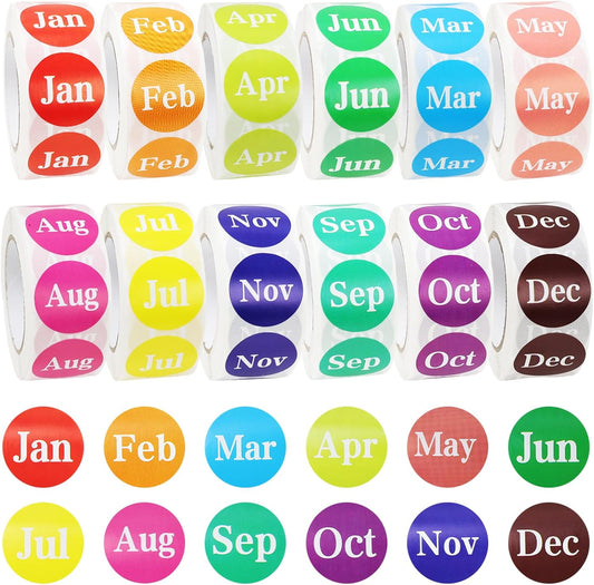 Decoendiy Month Labels Stickers, 12 Months of The Year Labels 1'' Color Coding Dot Self Monthly Adhesive Stickers 12 Rolls Round Dot Stickers- 500 Stickers per Day - 6000 Stickers Total