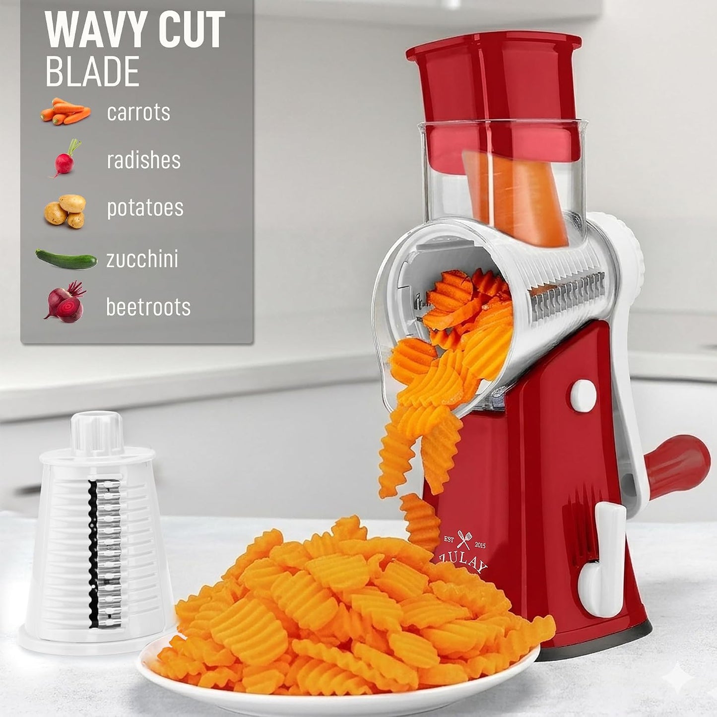Zulay Kitchen Rotary Cheese Grater 5 Blade Cheese Shredder - Manual Hand Crank Cheese Grater With Reinforced Suction & 5 Interchangeable Drums - Easy to Use, Vegetable Chopper Round Mandoline Slicer - Colors A