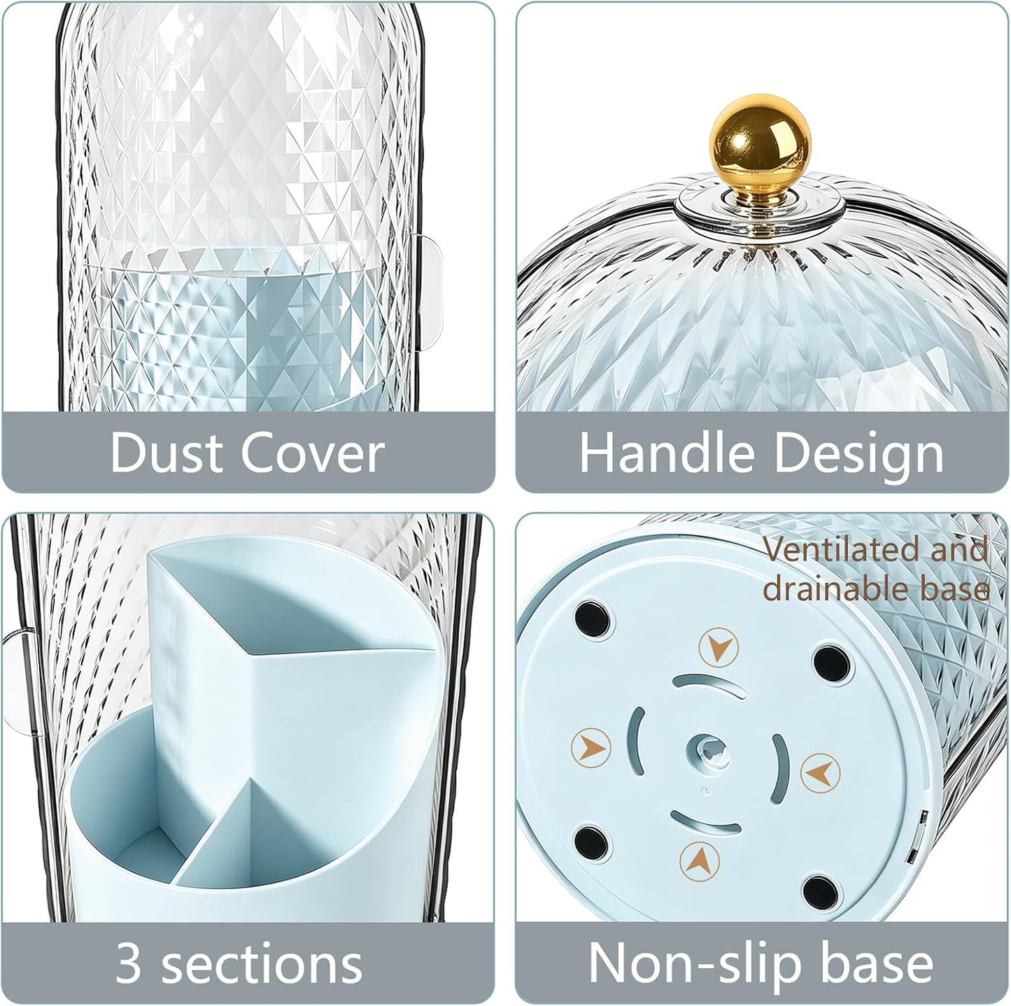 Toothbrush Holder with Cover for Bathroom Countertop, Organizer, White | Rotating 3 Slot Holder for Electric Toothbrushes, Toothpaste, Self Draining Vanity Organizer, Makeup Brush Storage