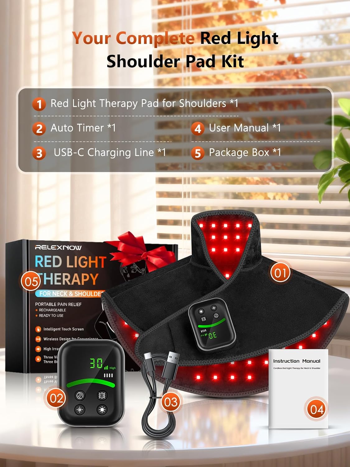 RELEXNOW Red Light Therapy for Shoulders and Neck Massage with Heat, 5000 mAh Battery Cordless Near Infrared Red Light Therapy Pad for Body, Wearable Heating Pad for Upper Back, Shoulder & Neck(Black)