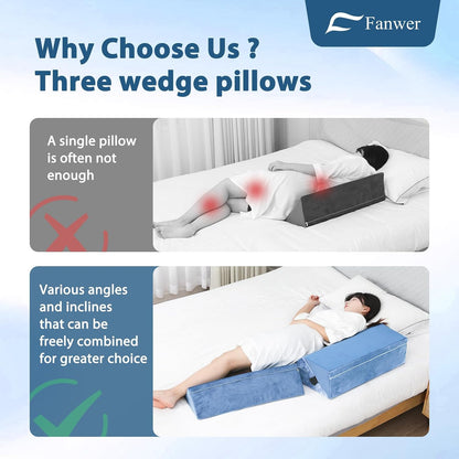 Fanwer Positioning Wedge Pillow for Side Sleeping (3 in 1), 40 Degree Triangle Bed Wedges & Body Positioners for Back Pain, Preventing Bedsores, After Surgery, Knees Elevated, Pregnancy