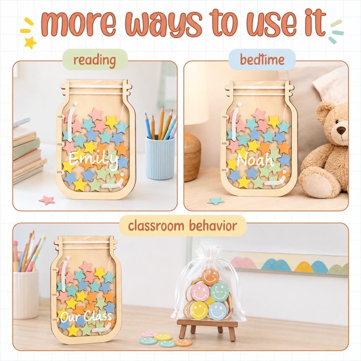Reward Jar Potty Training Chart, Behavior Chart for Kids Classroom Must | Personalized Wooden And Acrylic Reward Jar For Chores, Home, Fridge, School Teacher Supplies, Includes Marker And Stand