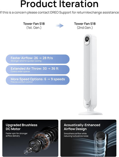 DREO Tower Fan for Bedroom, 26ft/s Velocity, 90° Oscillating, 8H Timer