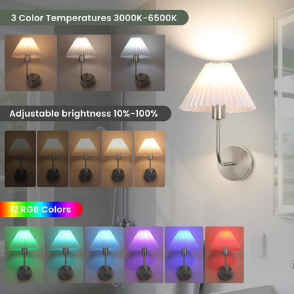Rechargeable Battery Operated Wall Sconce Sets of 2, 15 Colors Wireless gooseneck Black Wall Lights Fixture with Dimmable Bulbs and Remote, Not Hardwired Wall Mounted Lamps for Bedroom Living Room