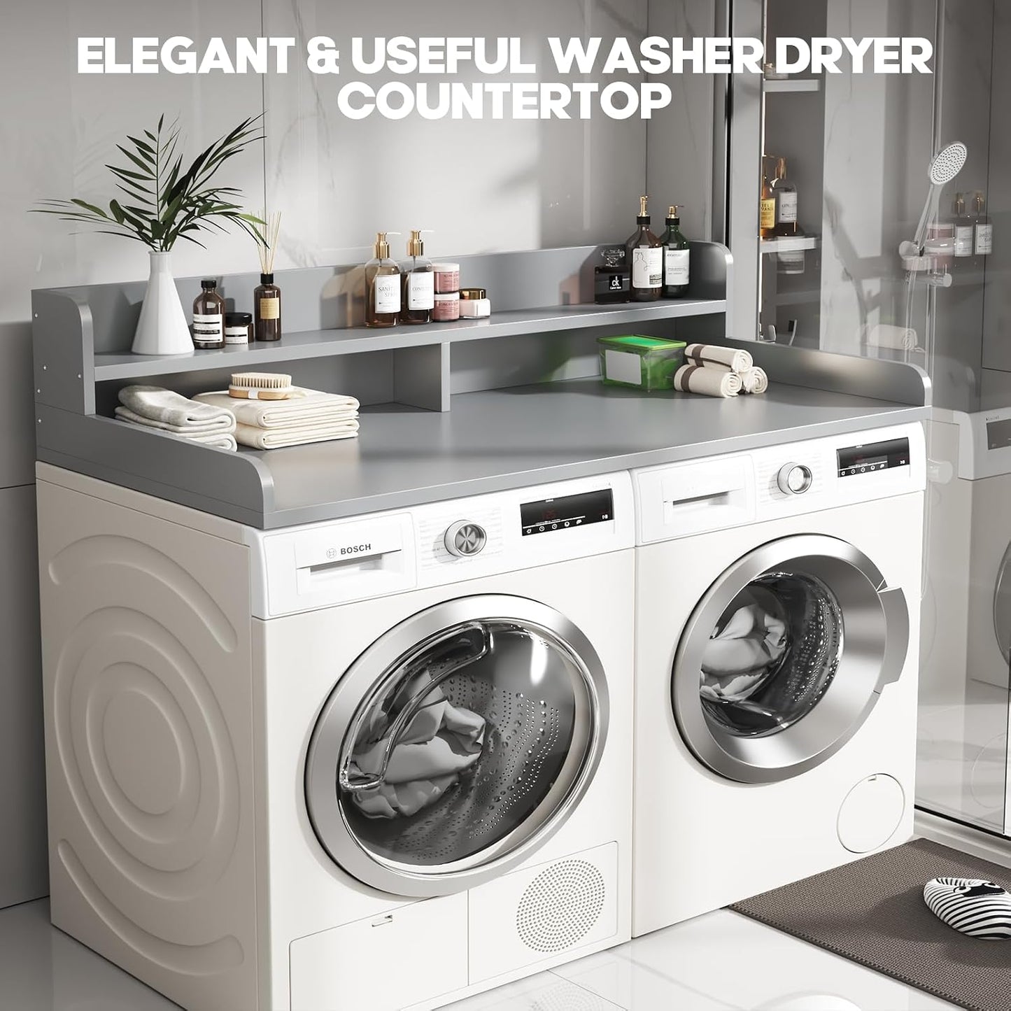 2-Tier Washer and Dryer Countertop with 2.75" H Guard,54" W x 27.5" D Laundry Countertop Cover with Non-Slip Pad,Large Space Laundry Topper for Folding Clothes Over Washer and Dryer-White