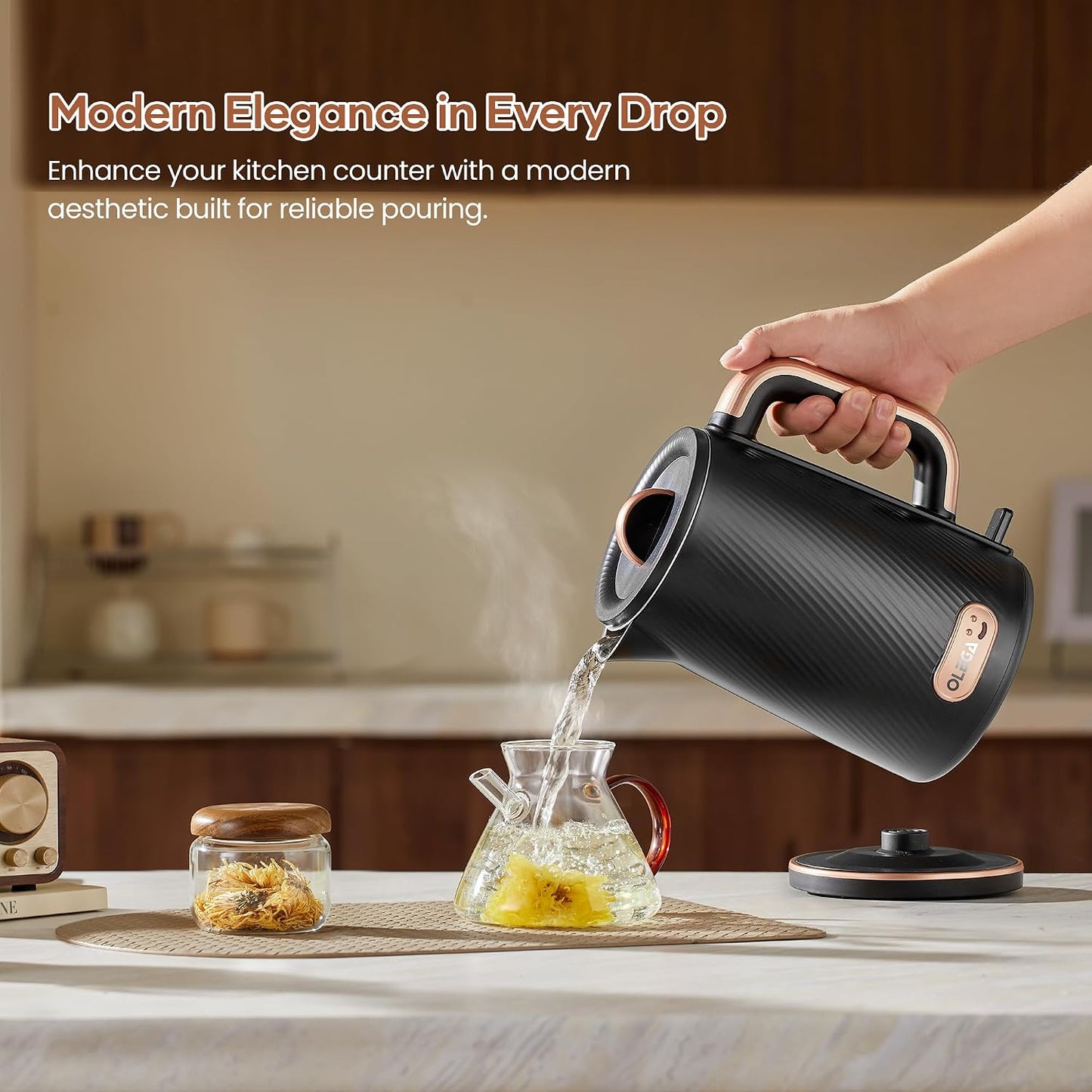 OLEGA Electric Tea Kettle: 1200W Fast Boil Electric Water Kettles 1.5L | Stainless Steel Kettle; Large Electric Water Kettle; Plastic Free Teapot; Auto Shut-Off Water Boiler; Fast Boil Kettles