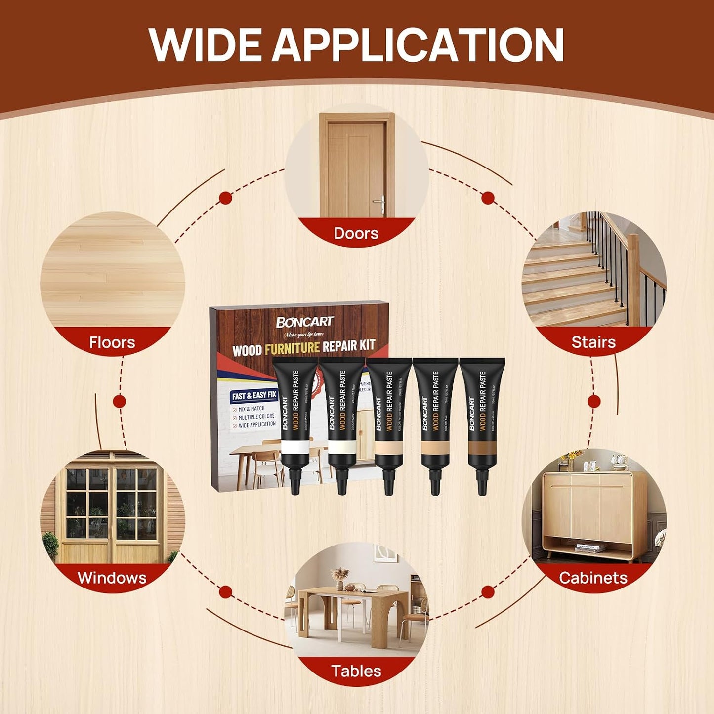 Boncart Wood Furniture Repair Kit, Wood Touch up Fillers | Repair Scratches, Cracks, Paint Chips, and Nail Holes on Furniture, Floors, Doors, Cabinets, and Tables (10 Colors)