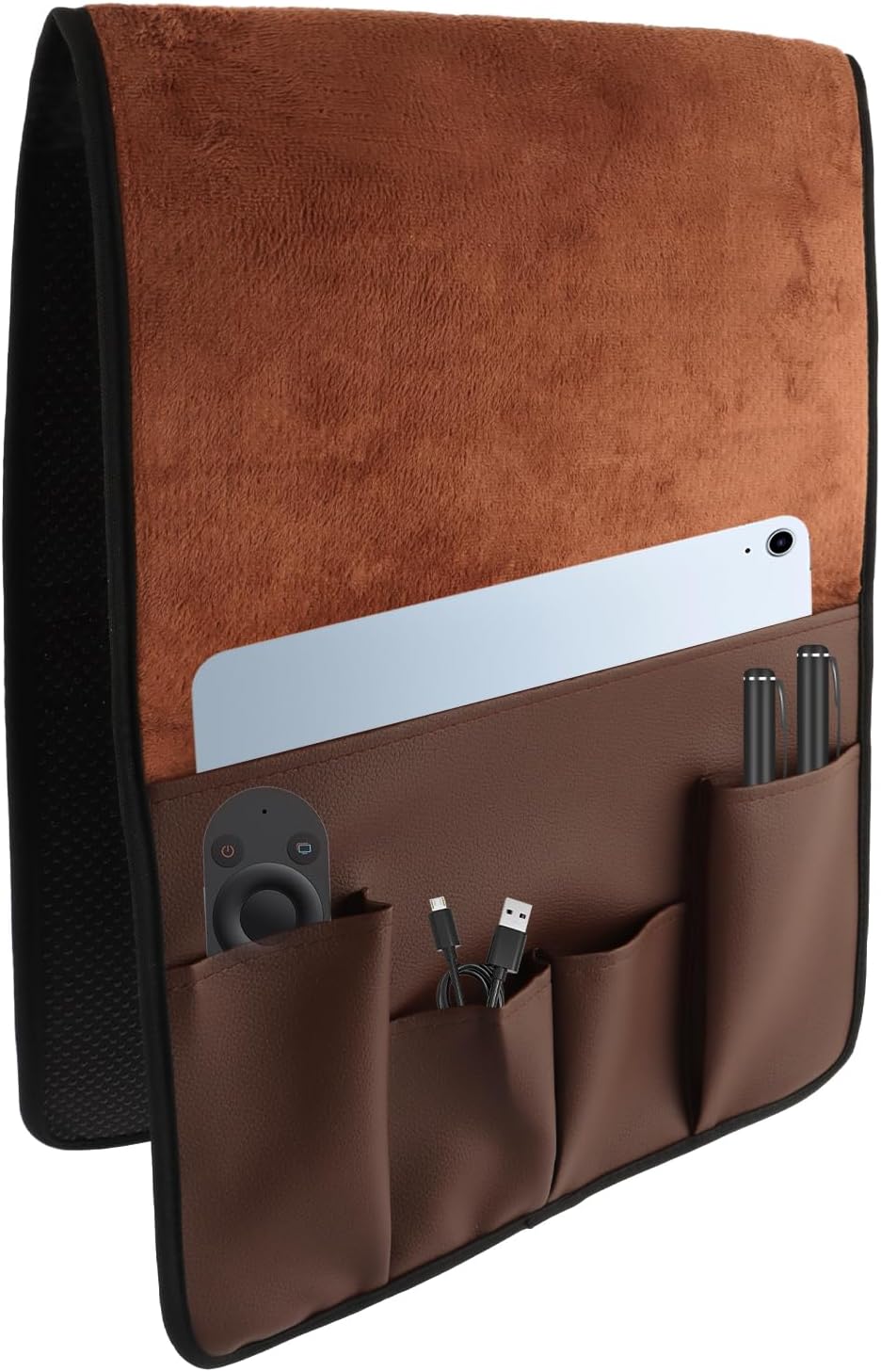 Anti-Slip PU Leather Velvet Sofa Couch Chair Armrest Soft Caddy Organizer Holder with 5 Pockets for Phone, Book, Magazines, TV Remote Control - Draped Over Sofa, Couch, Recliner Armrest (Brown)