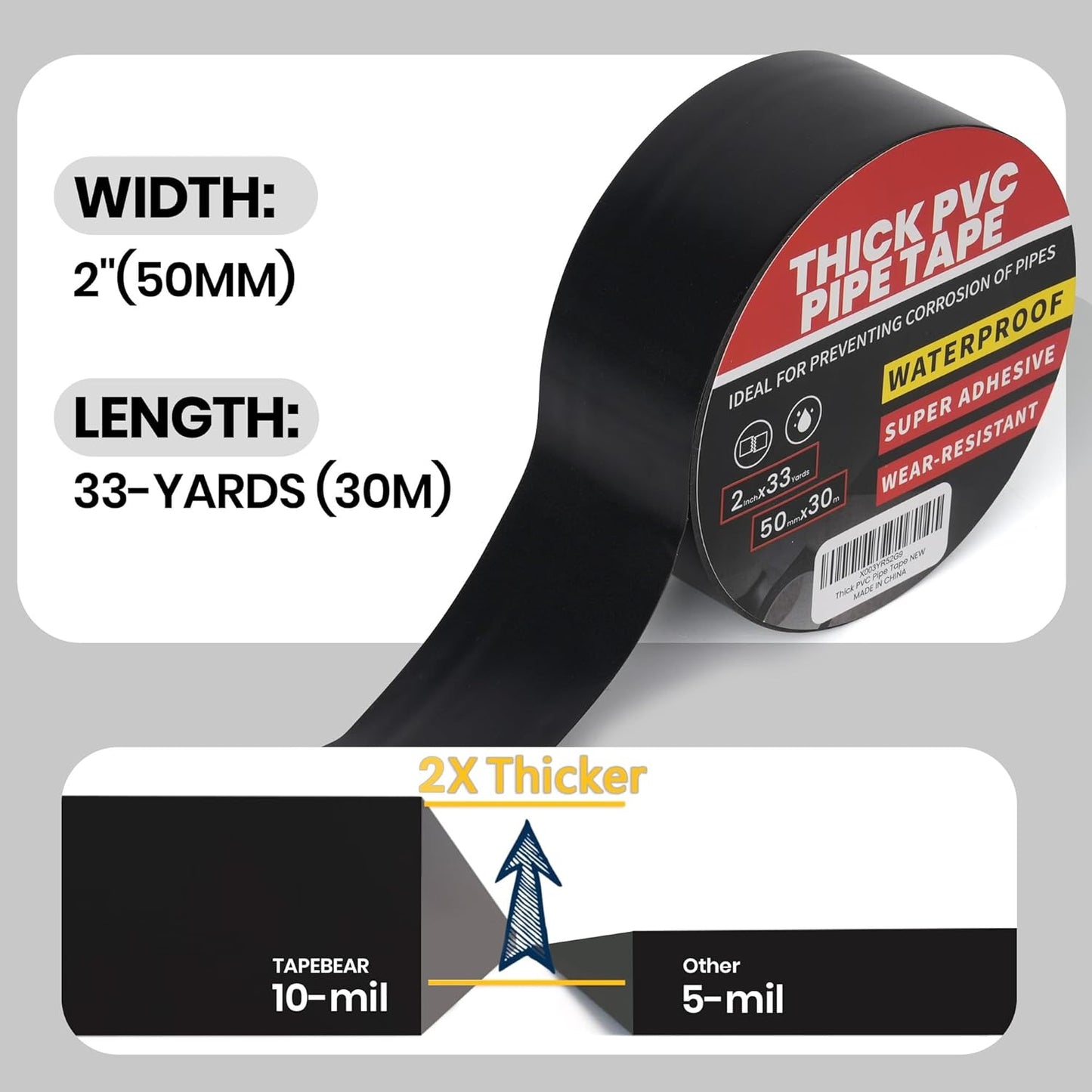 TAPEBEAR Corrosion Protection Pipe Tape 10mil PVC Pipe Wrap Tape 4" Wide | 33Yard/Roll Waterproof PVC Black Tape Hose Leak Proof Thicker for Drain Pipe, Metal Electrical Outdoor Underground Pipe