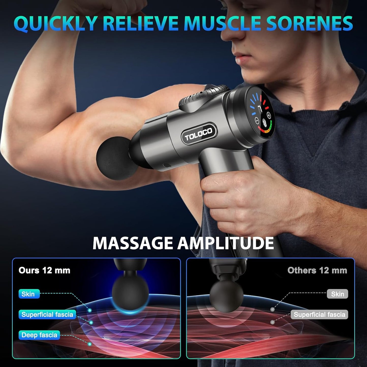 TOLOCO Massage Gun, Deep Tissue Back Massage for Athletes for Pain Relief, Percussion Massager with 10 Massages Heads & Silent Brushless Motor, Relaxation Gifts for Men Women, Black