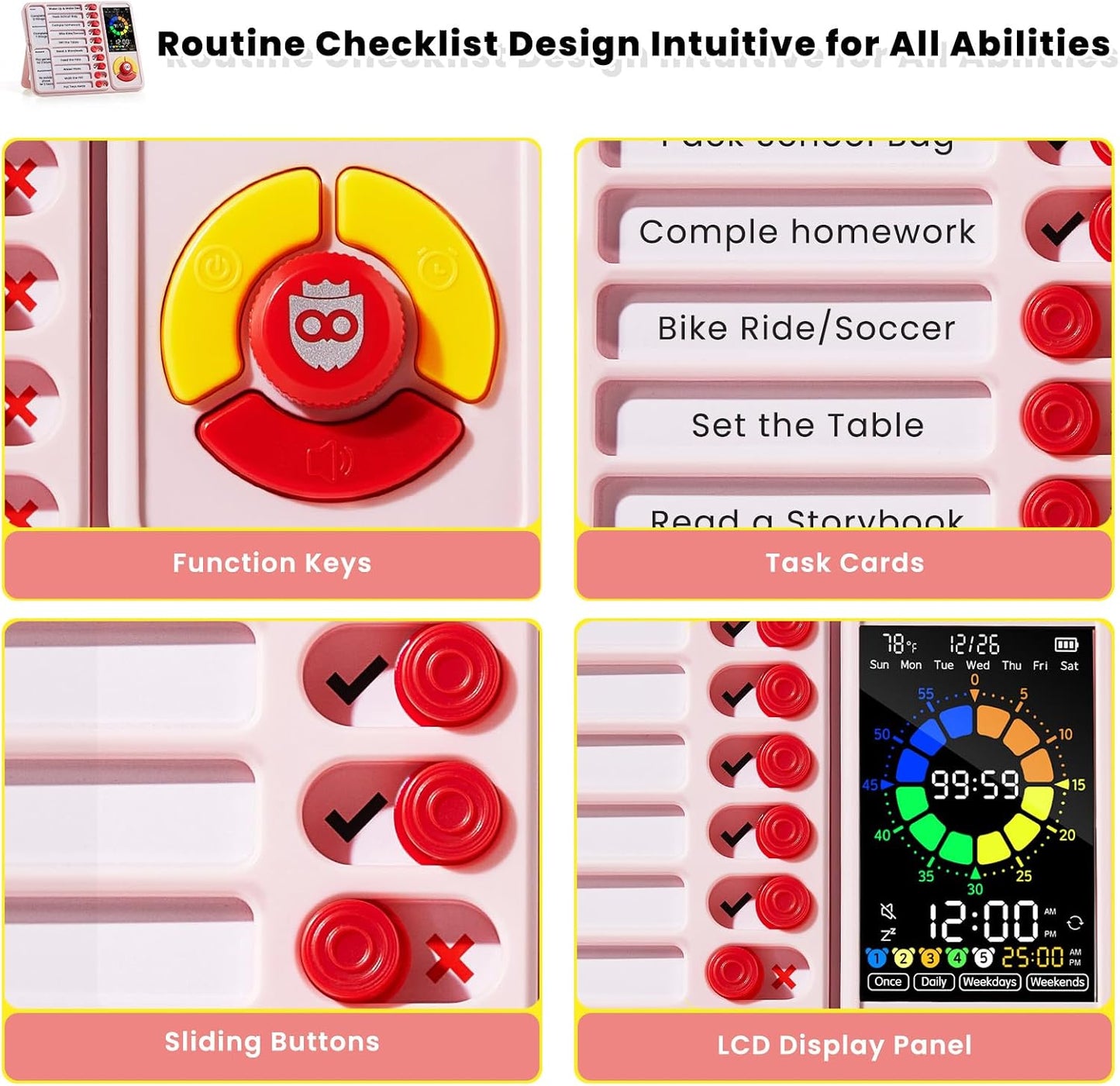 ADHD Tool for Kids, 5-in-1 Visual Timer with Chore Chart Board, Visual Schedule for Kids, 12/24 Task Timer with 99'59'' Countdown/Countup, 5 Alarms, Silent Operation Visual Schedule for Autism - Pink