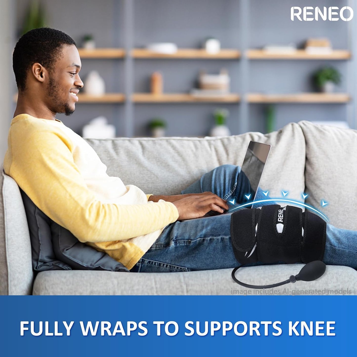 RENEO Compression Knee Ice Pack Wrap with Air Pump, Adjustable Knee Brace with Cold Packs Reusable, Hot and Cold Therapy for Women Men, Post-workout Recovery