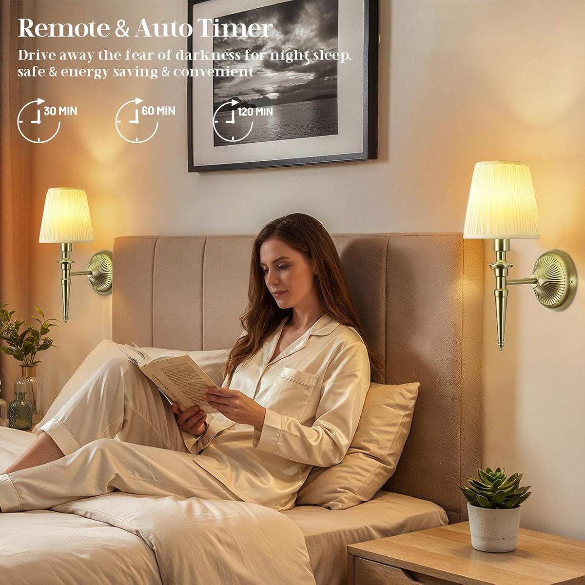 Battery Operated Wall Sconces Set of 2, Wireless Rechargeable Wall Lights with 12 RGB Colors and 3CCT Dimmable, Small Fabric LED Wall Lamps for Bedroom, Living Room, Hallway, Gold