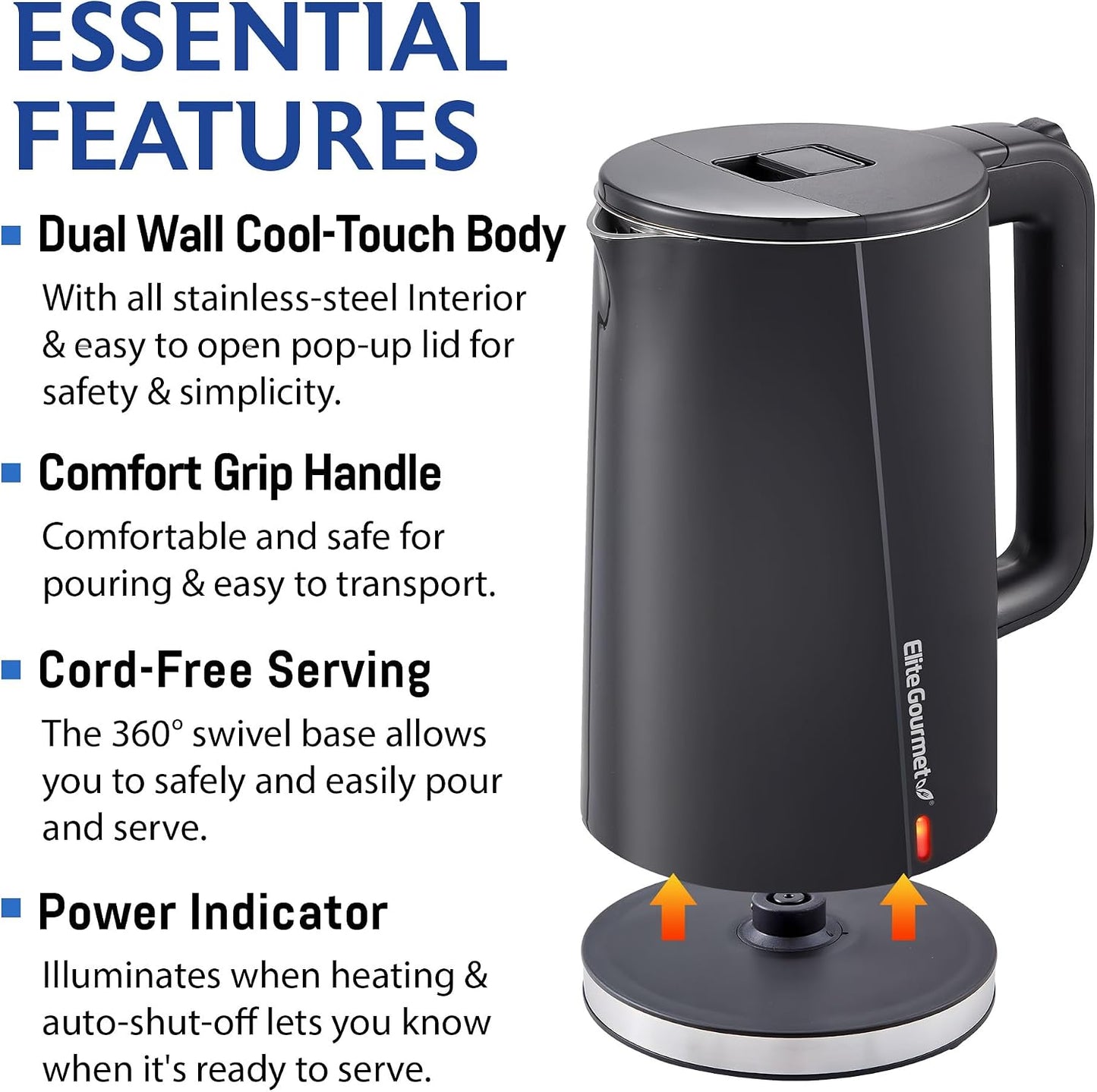 Elite Gourmet 1.7L Cool-Touch 1500W Fast Boil Kettle, Double Wall, Black | Fully Stainless Steel Lid & Interior, BPA-Free, Auto Shut-Off