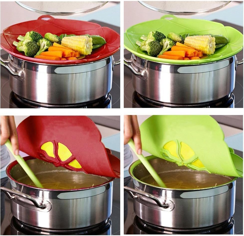 2Pcs Spill Stopper Lid Cover, Boil Over Safeguard, 10.2 inch Silicone Spill Stopper Pot Pan Lid, Multi-Function Cooking Tool, Kitchen Gadgets, for Cooking Cover, Parents, Friends, Green& Red