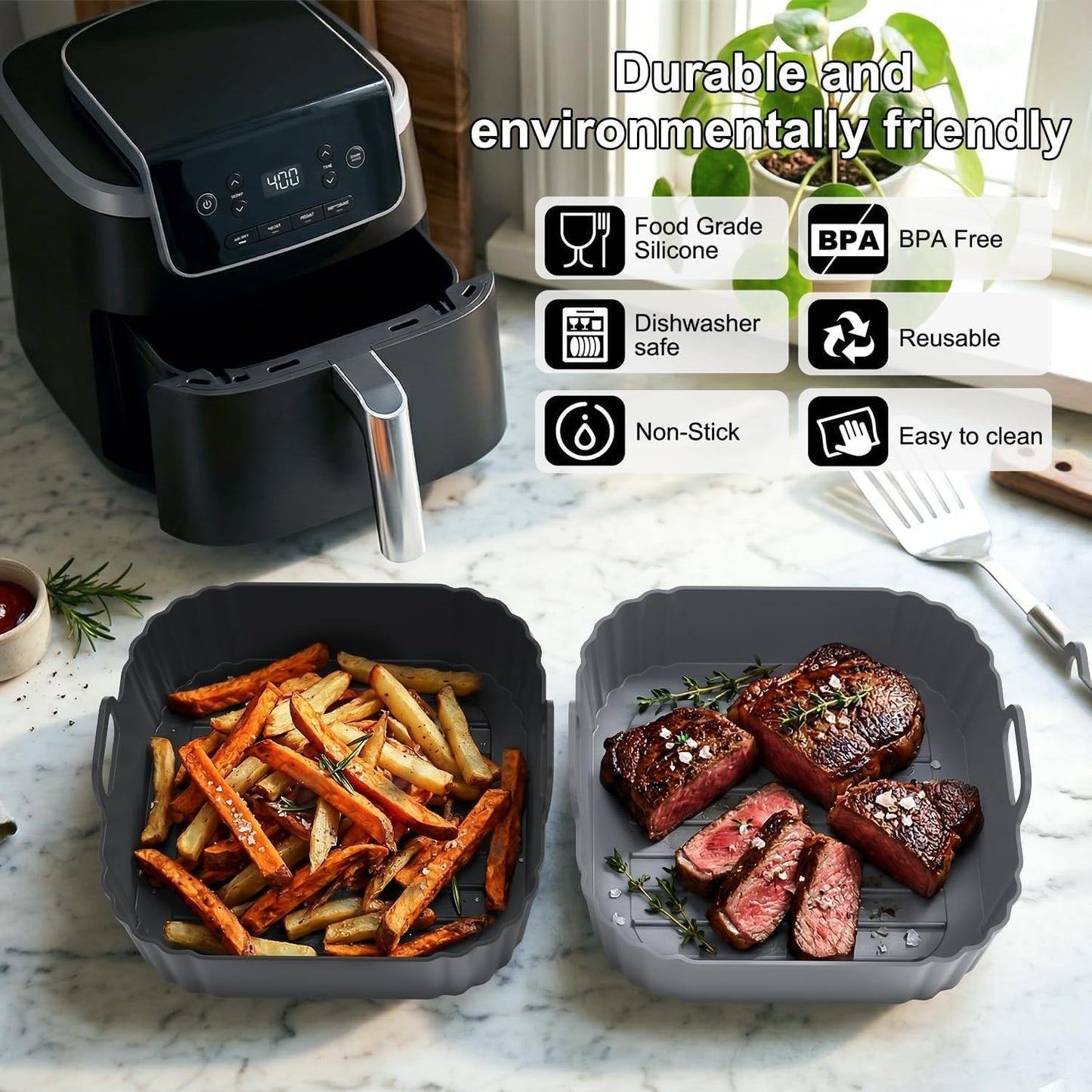 Silicone Air Fryer Liners 2 Pack, Reusable Compatible for Ninja Foodi DZ201, DZ401, DZ550, DZ302, COSORI 9QT, Chefman, Instant, and 6-in-1 8-10QT Dual Baskets