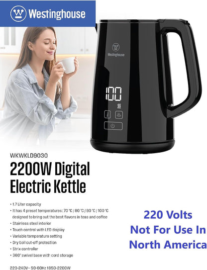 220 volts Kettle -Double Wall-Variable Temperature kettle - Stainless steel interior and cool touch exterior 1.7 LIter 220v 240 volt (NOT FOR USE IN USA)